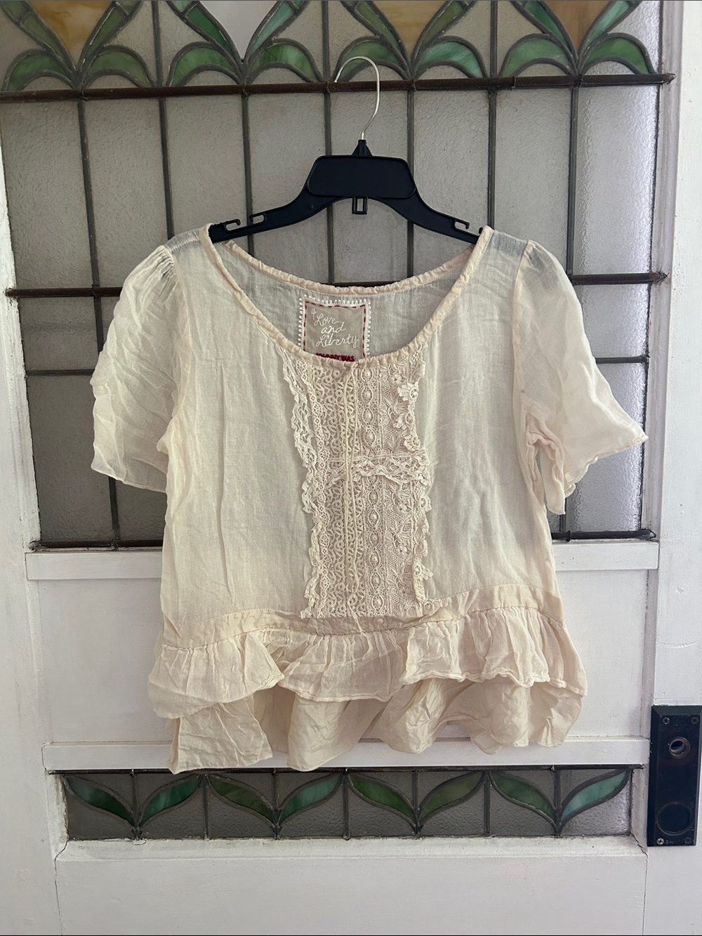 Johnny Was Cream Lace-Paneled Ruffle Blouse